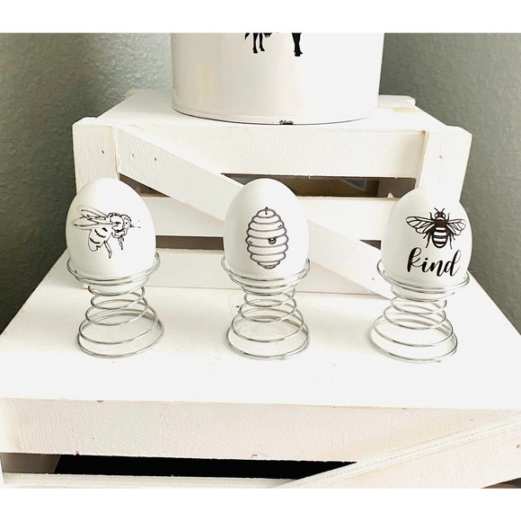 Set of 3 Farmhouse Bee Inspired White Wood Egg w/Stands - Picture 1 of 5